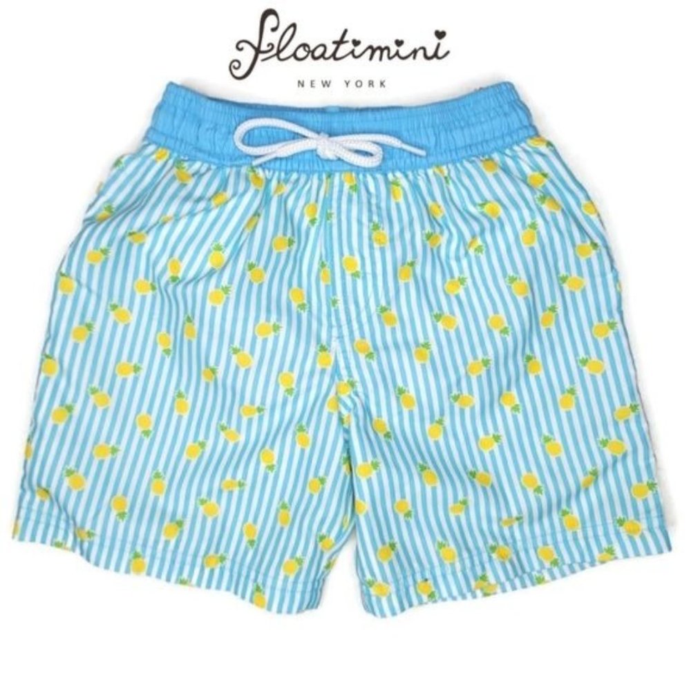 Floatimini NWOT pineapple striped blue whote yellow swim trunks size 4.